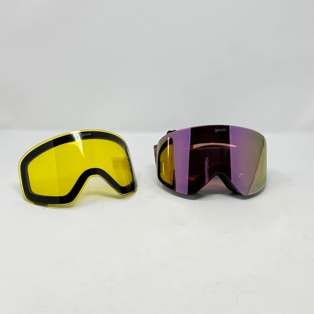 Goodr Snow Goggles Purple Pink Mirrored Yellow Interchangeable Lens Ski Board
